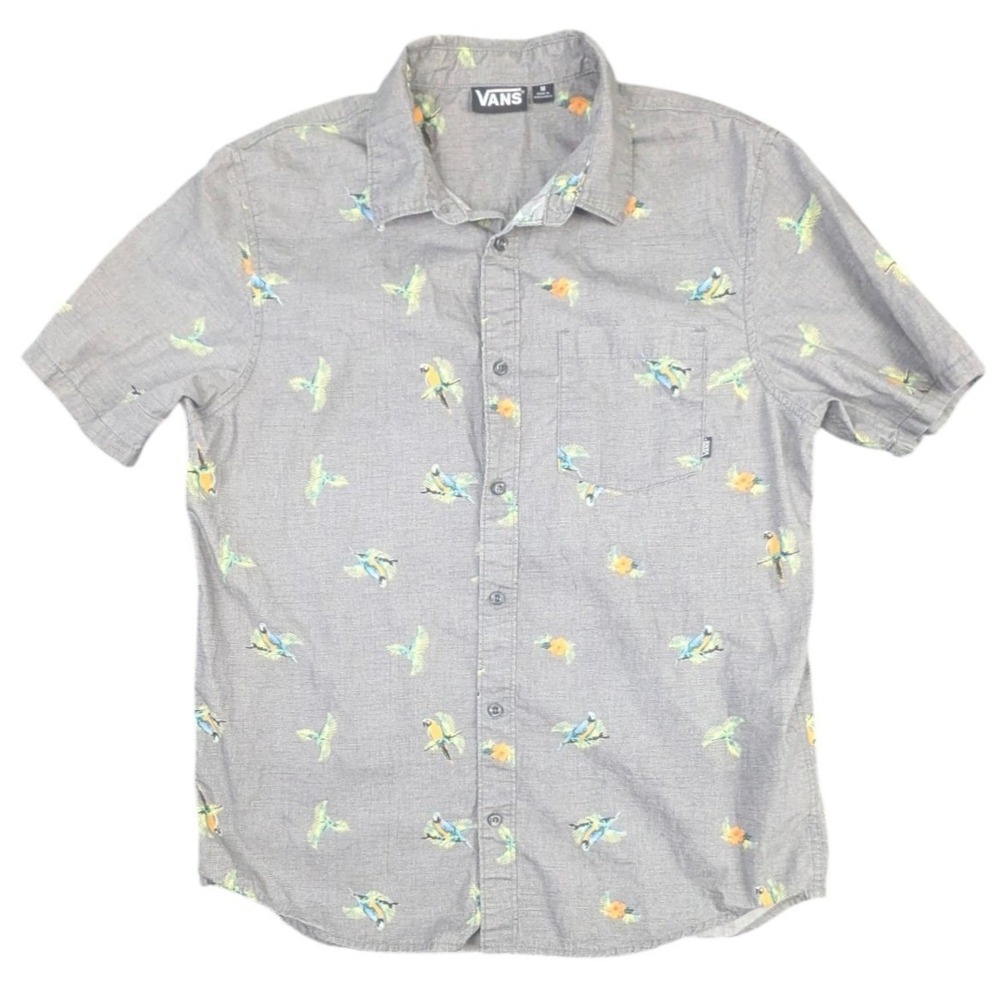 Vans Men Medium Gray Cotton Tropical Parrot Print Short Sleeve Button Down Shirt